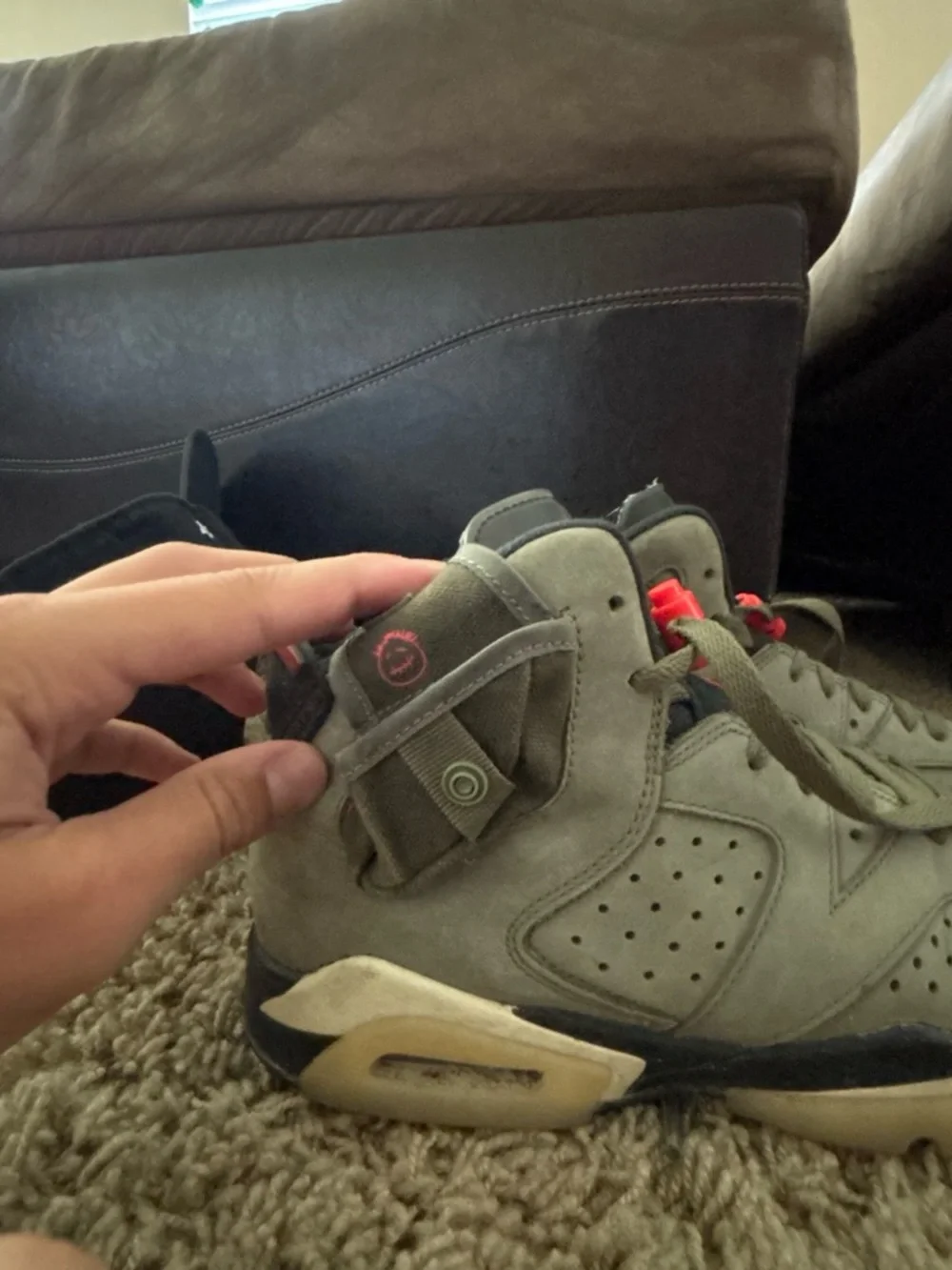 Jordan Olive Green and Black Suede Sneakers with Red Accents